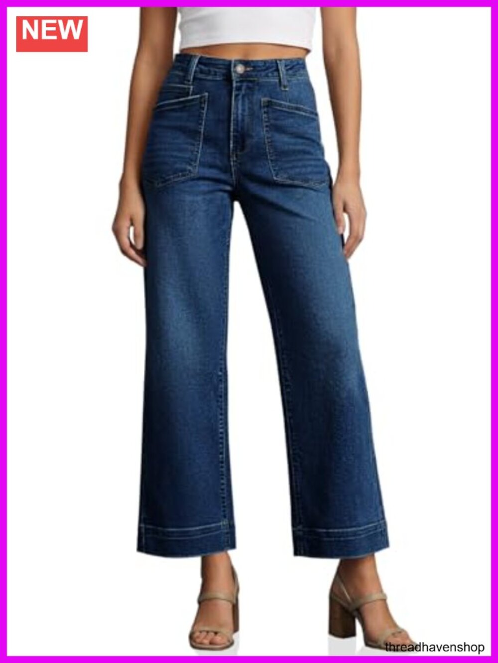High Waisted Wide Leg Cropped Jeans Stretchy Denim Ankle Pants with Pockets